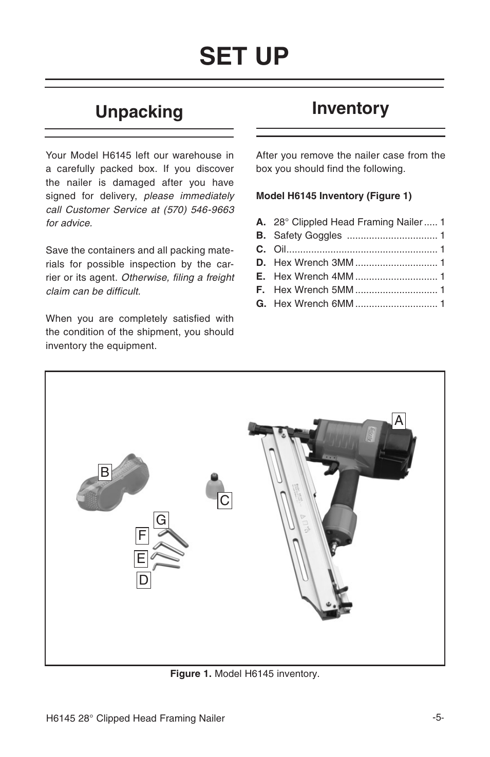 Set up, Unpacking, Inventory | Grizzly H6145 User Manual | Page 7 / 20