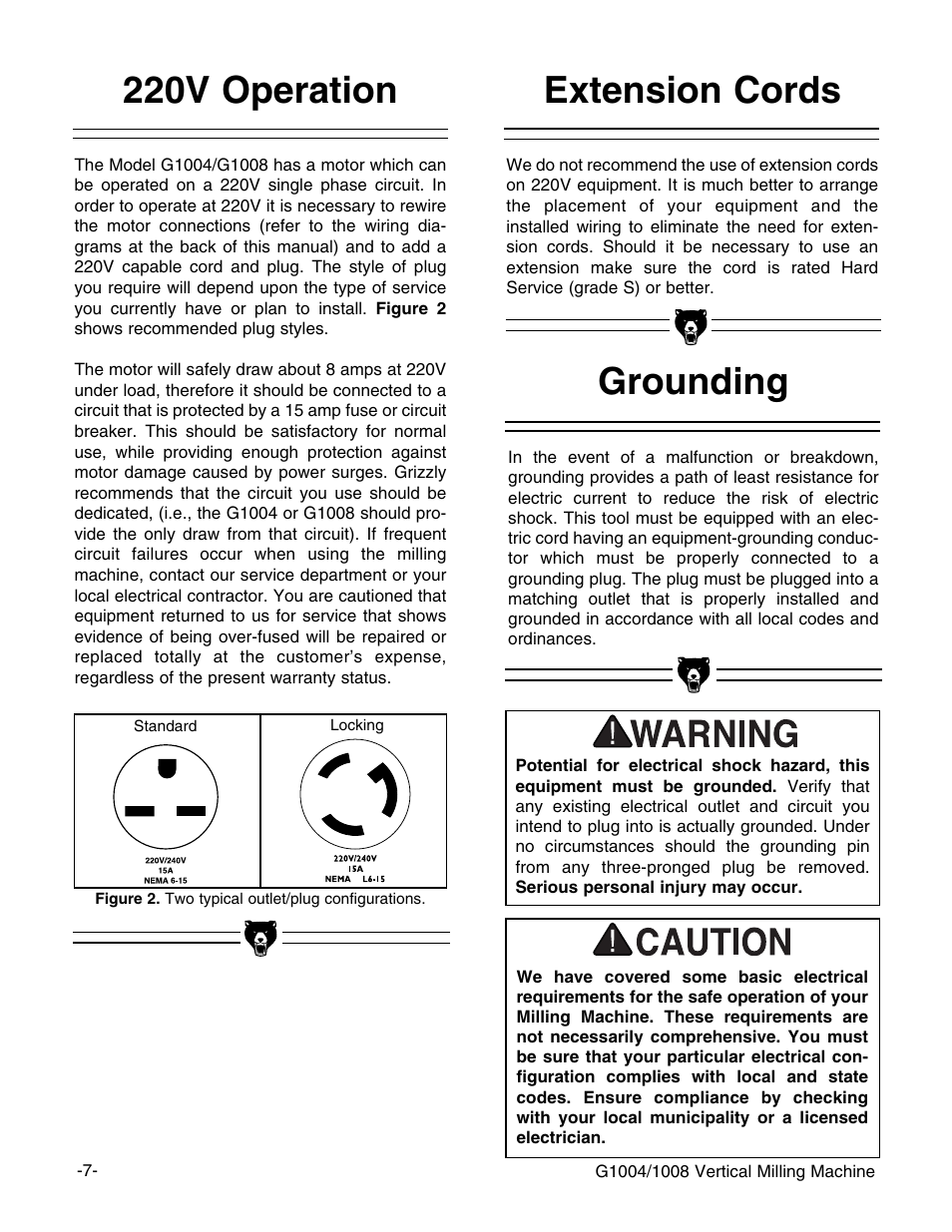 220v operation, Extension cords, Grounding | Grizzly G1008 User Manual | Page 7 / 17