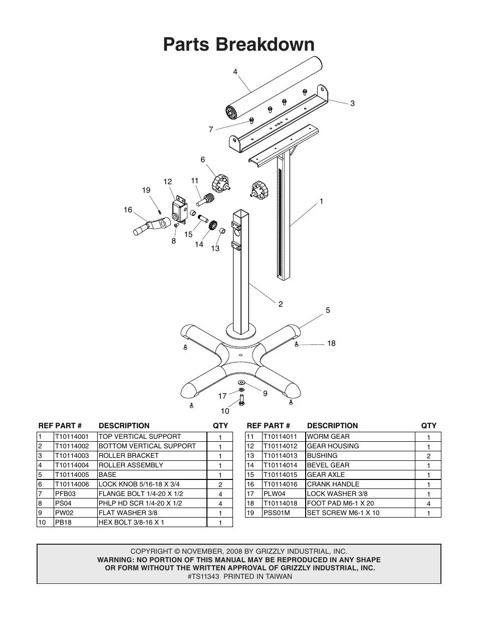 Parts breakdown | Grizzly Heavy-Duty Roller Stand T10114 User Manual | Page 2 / 2