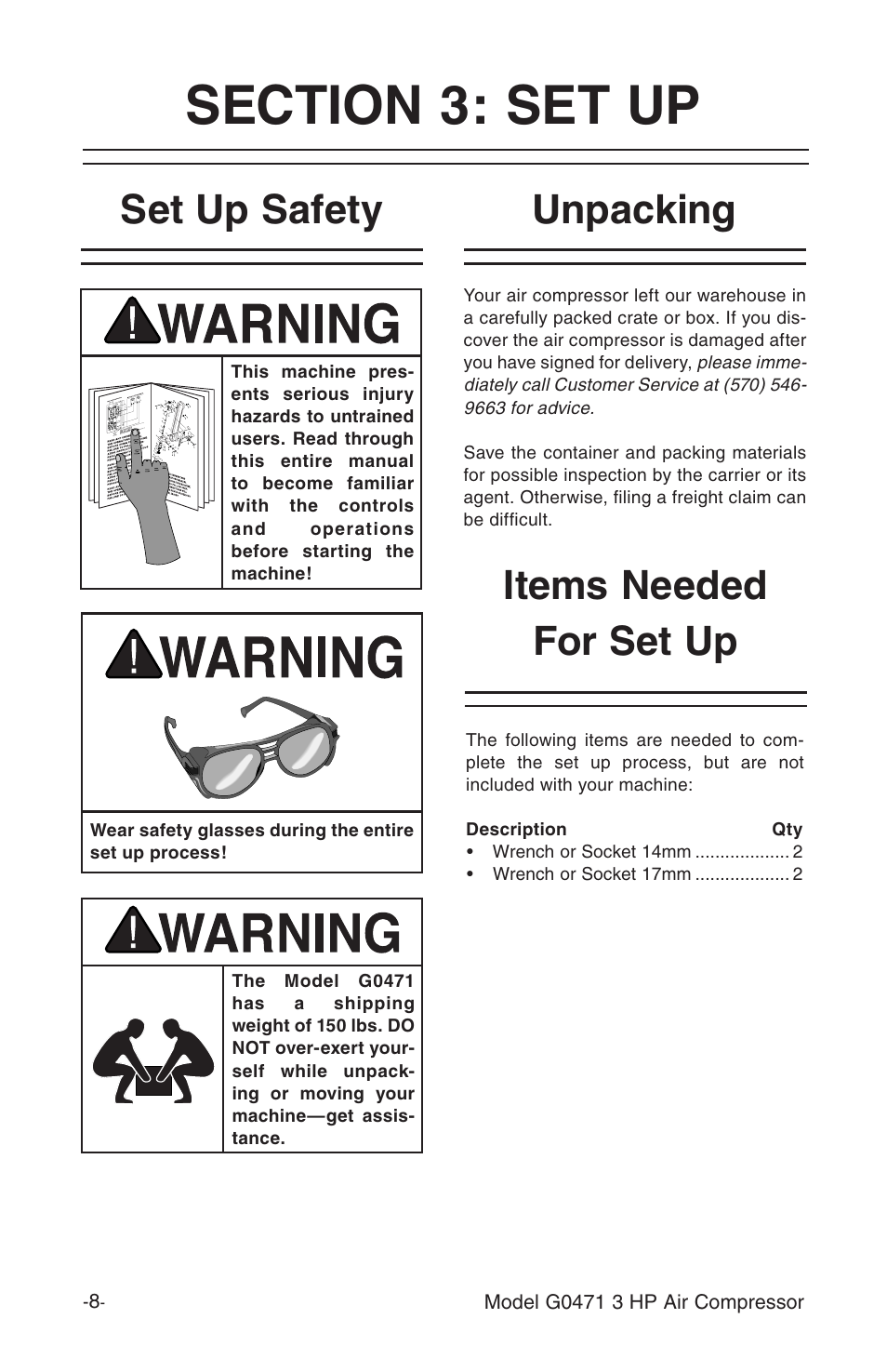 Unpacking, Items needed for set up, Set up safety | Grizzly G0471 User Manual | Page 10 / 32