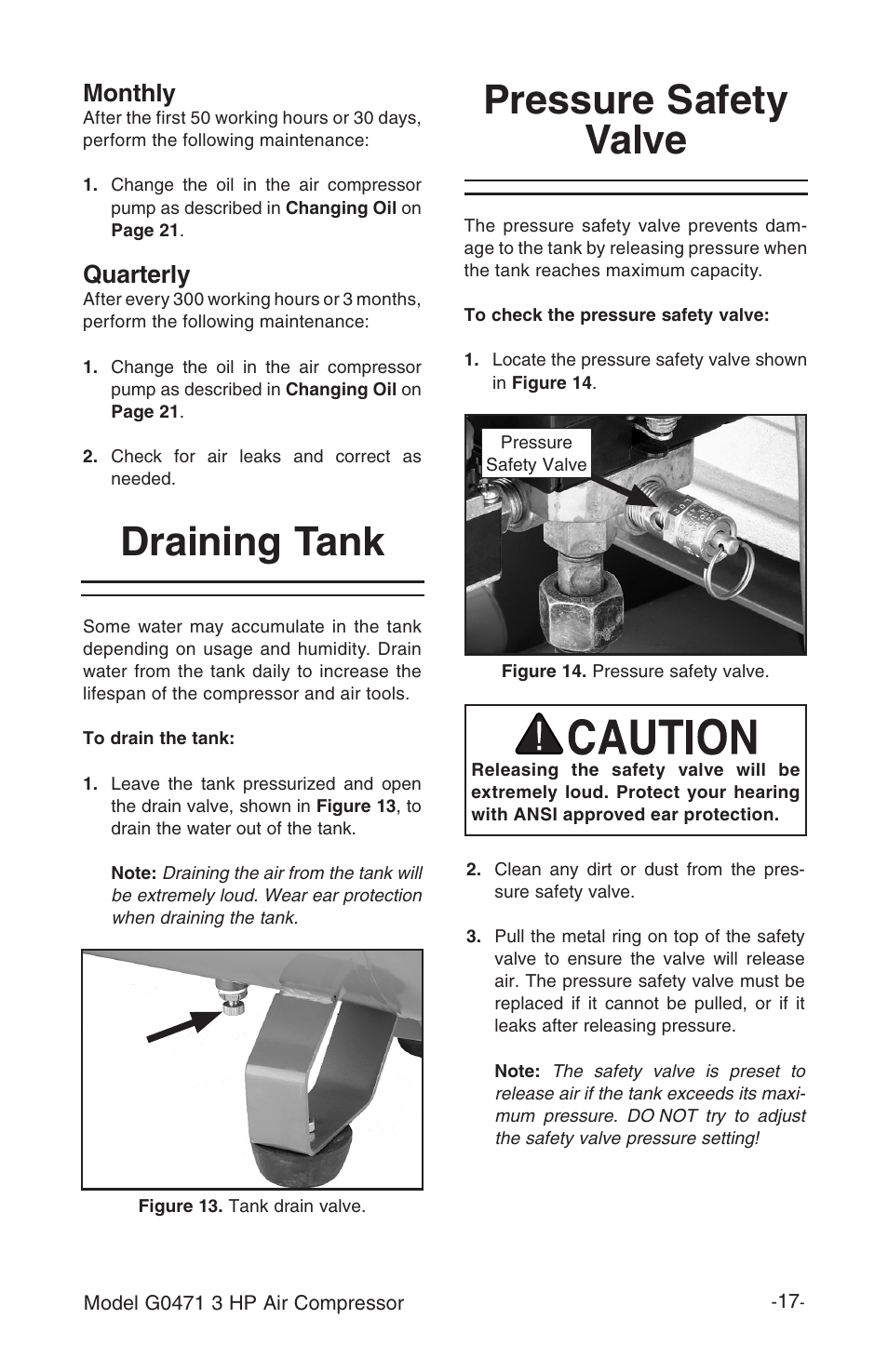 Draining tank, Pressure safety valve, Monthly | Quarterly | Grizzly G0471 User Manual | Page 19 / 32