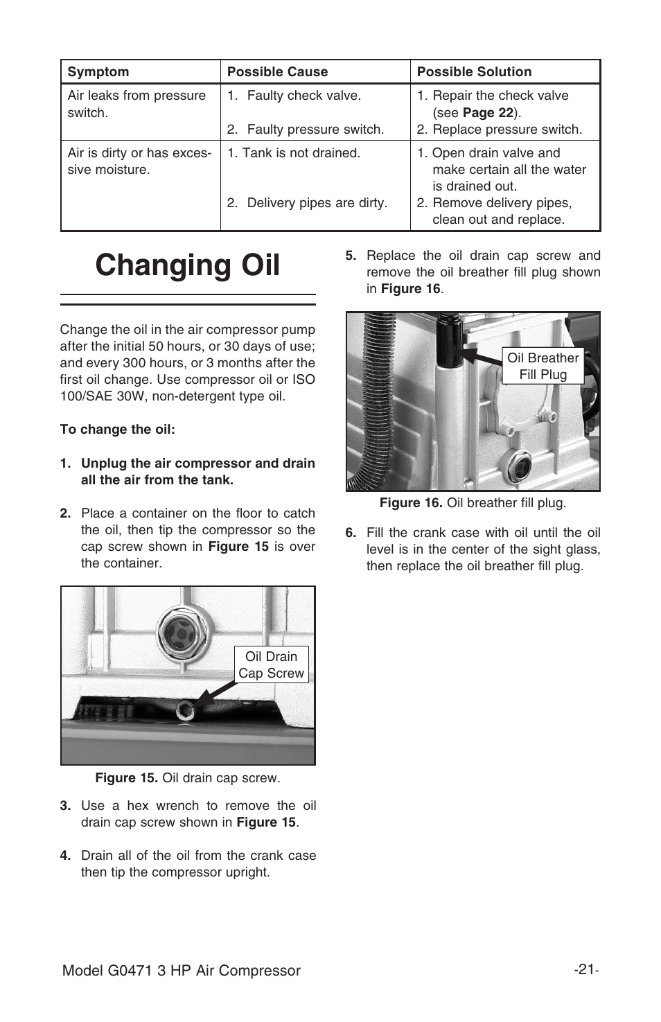 Changing oil | Grizzly G0471 User Manual | Page 23 / 32