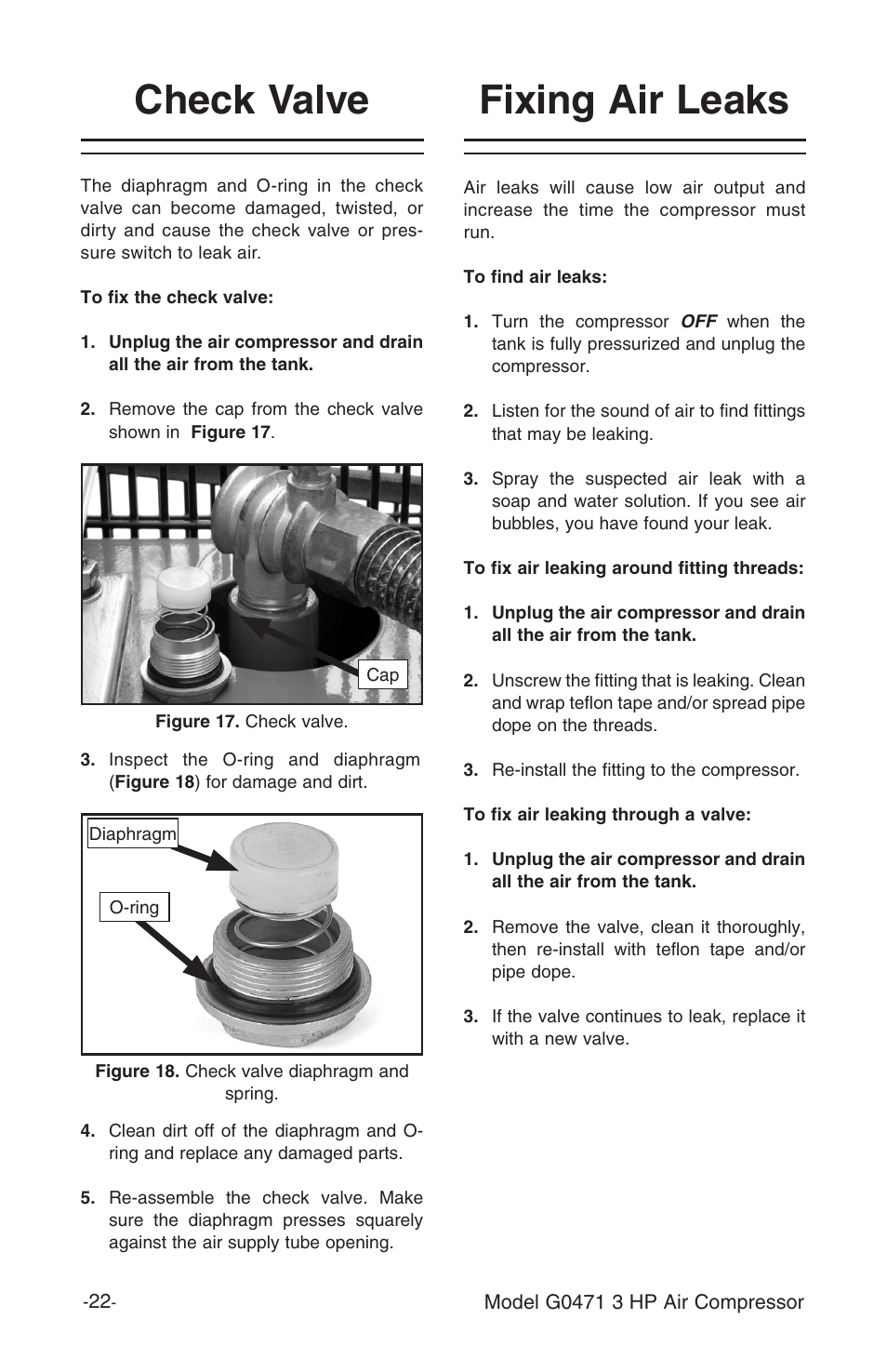 Fixing air leaks, Check valve | Grizzly G0471 User Manual | Page 24 / 32