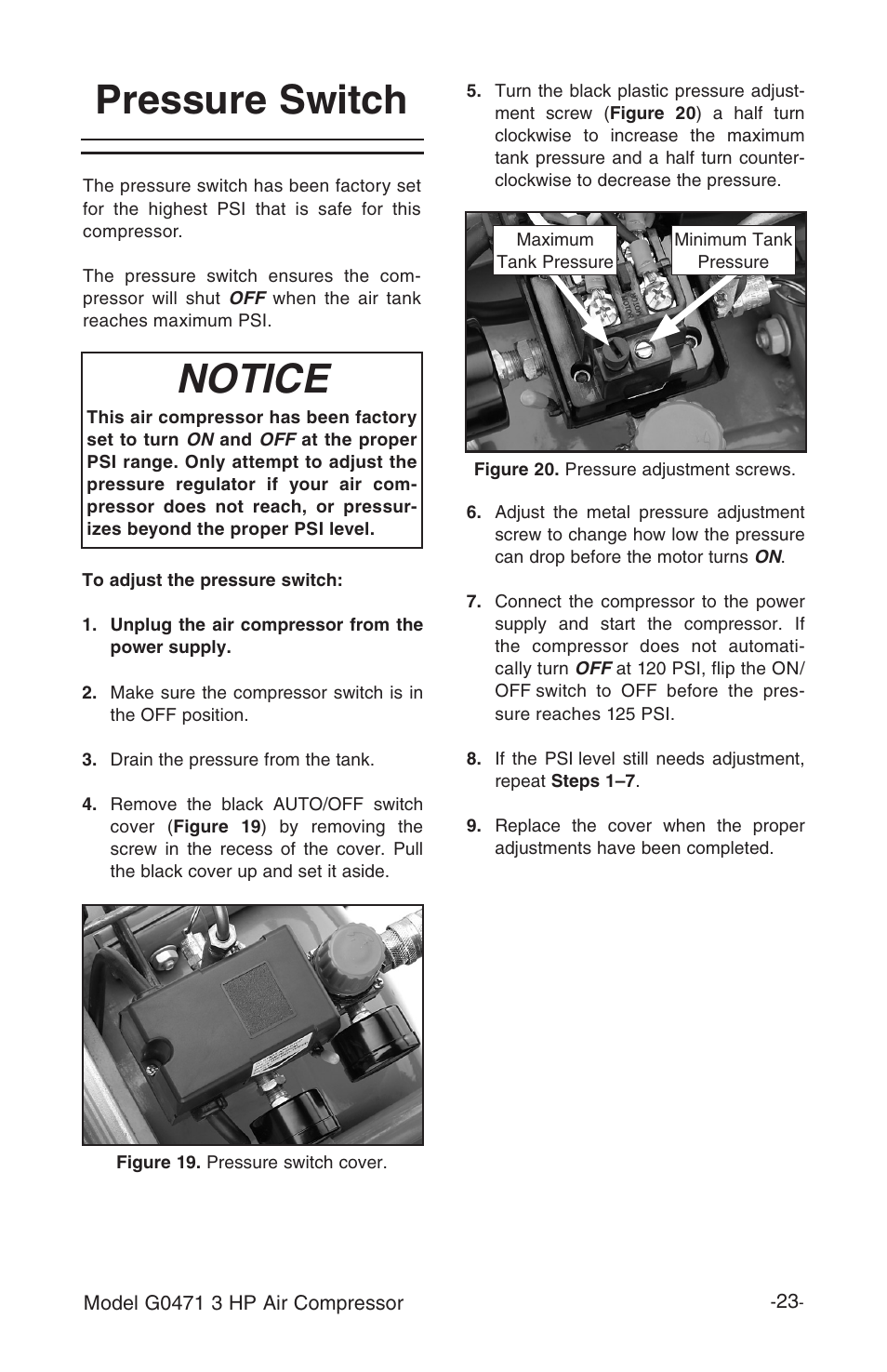 Pressure switch, Notice | Grizzly G0471 User Manual | Page 25 / 32