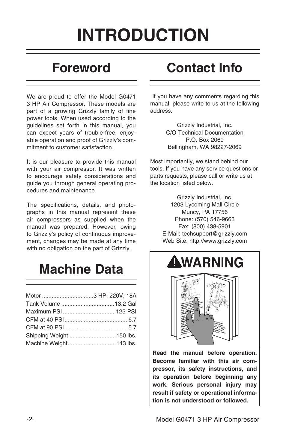 Introduction, Foreword contact info machine data | Grizzly G0471 User Manual | Page 4 / 32