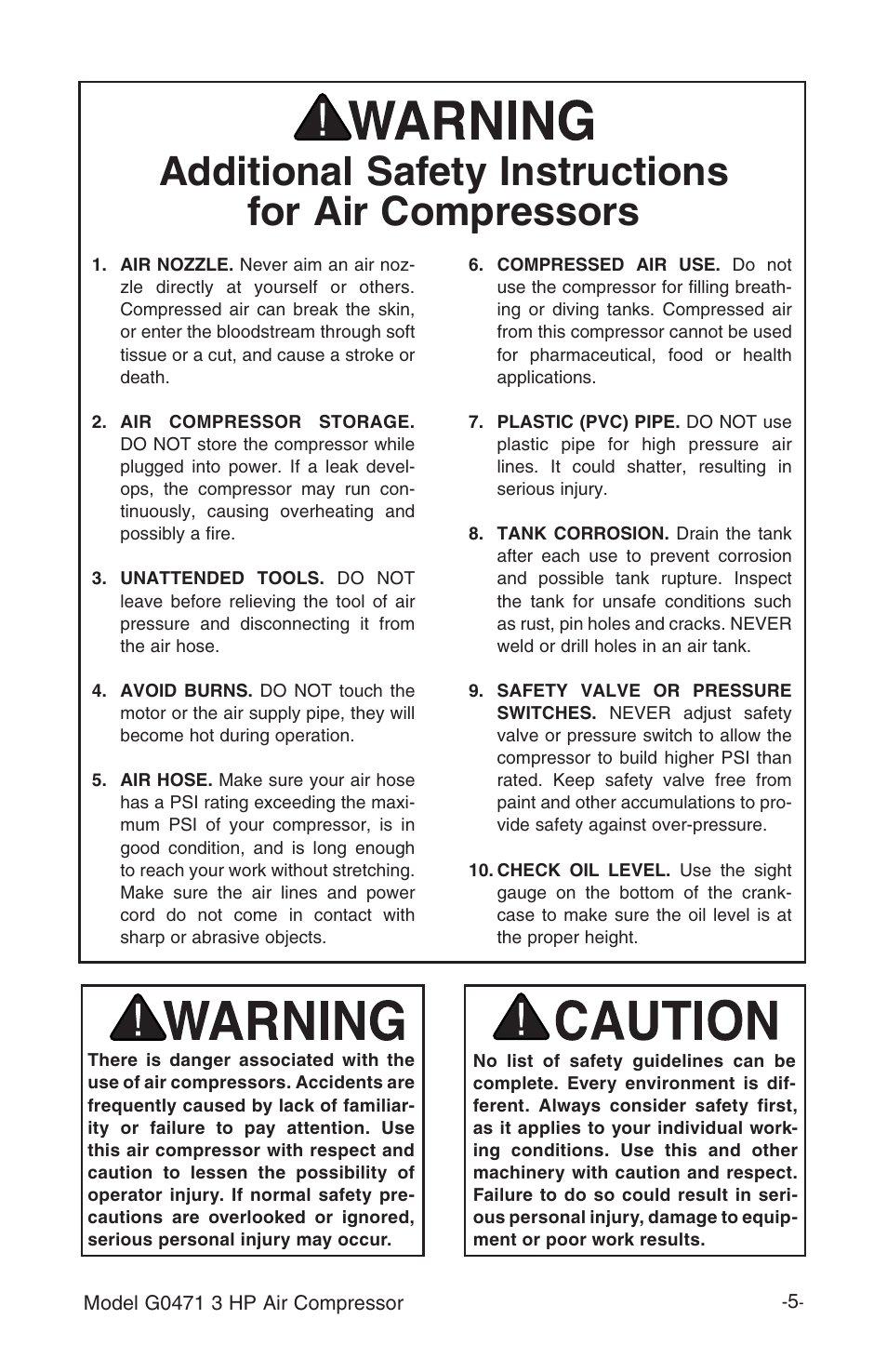 Additional safety instructions for air compressors | Grizzly G0471 User Manual | Page 7 / 32