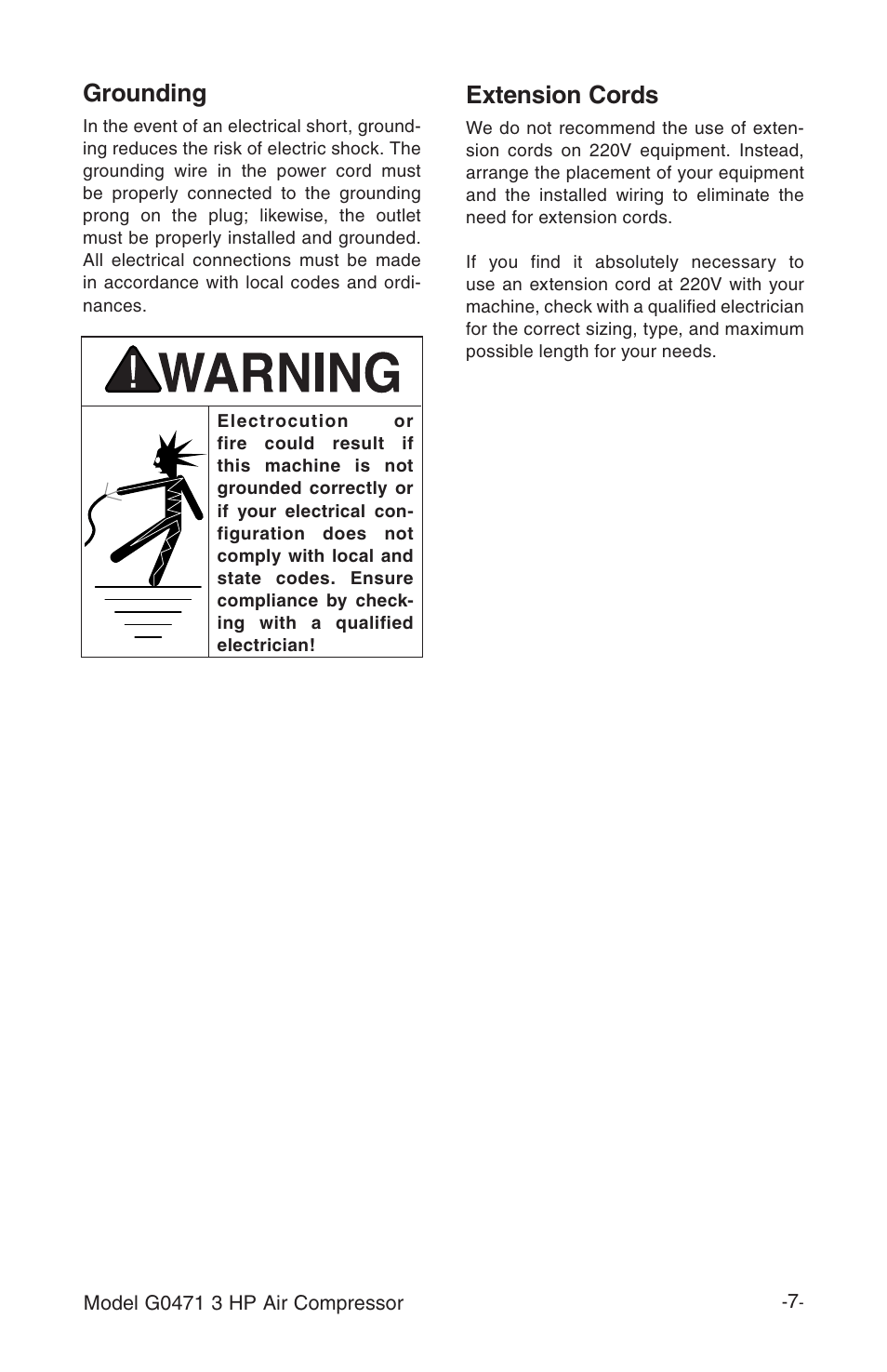 Extension cords, Grounding | Grizzly G0471 User Manual | Page 9 / 32