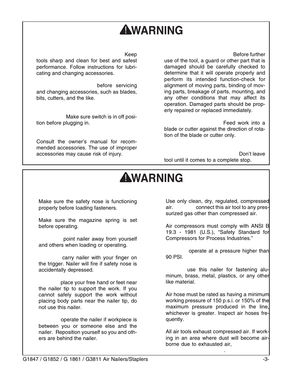 Safety instructions for nail guns, Safety instructions for power tools | Grizzly G1847 User Manual | Page 4 / 27