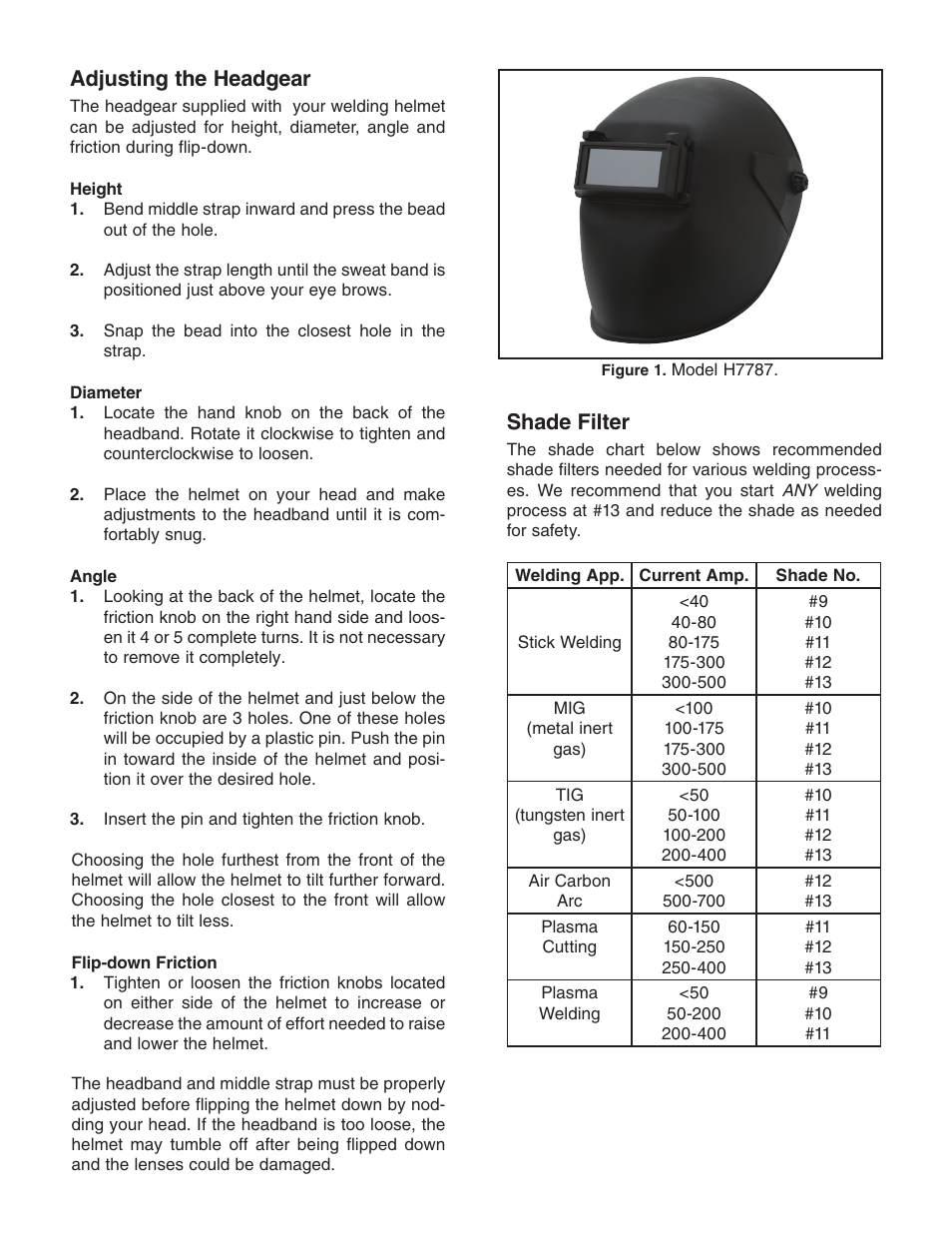 Adjusting the headgear, Shade filter | Grizzly h7787 User Manual | Page 2 / 2