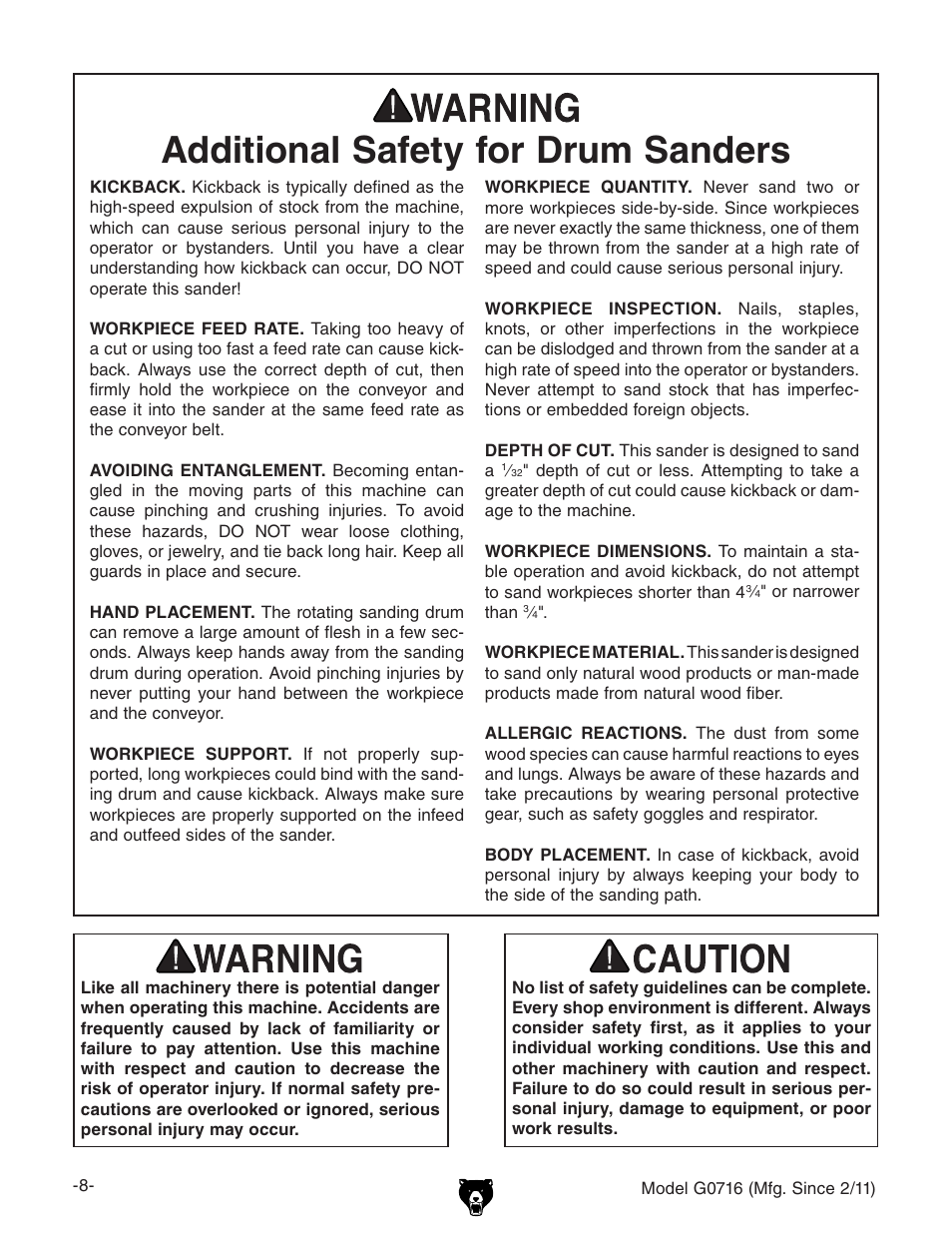 Additional safety for drum sanders | Grizzly G0716 User Manual | Page 10 / 52