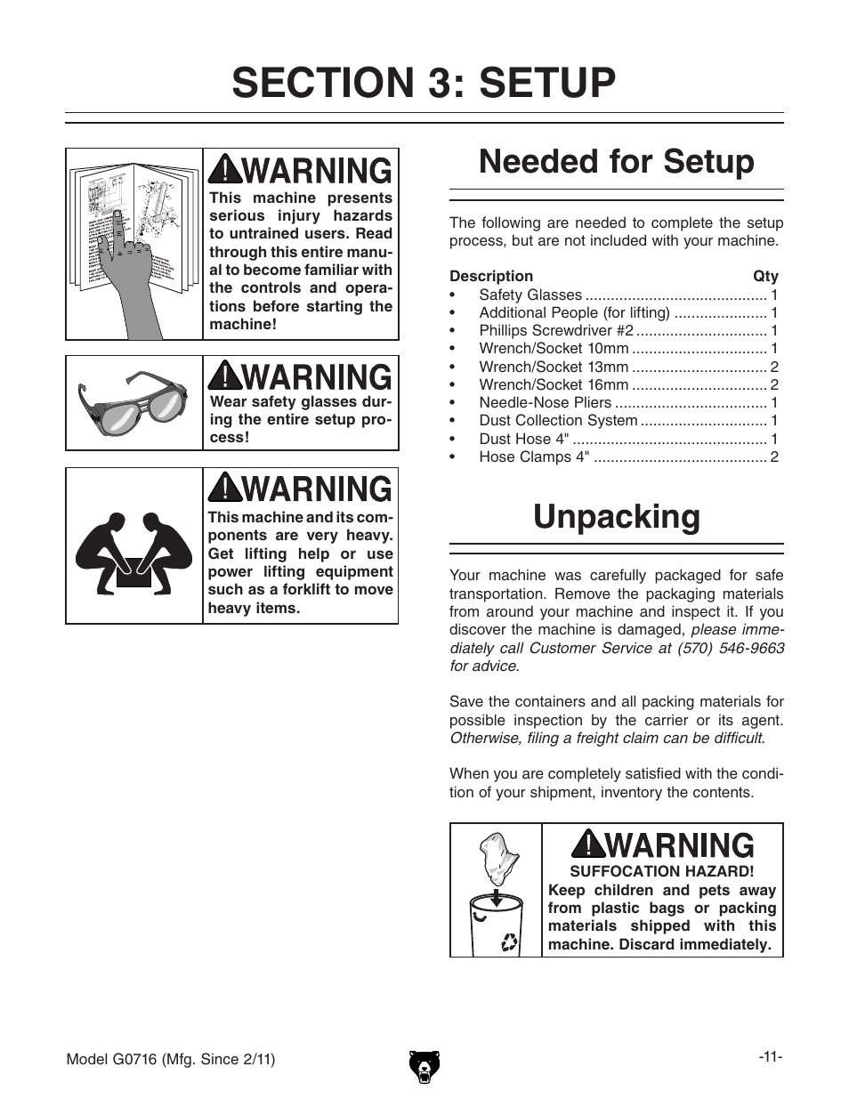 Needed for setup, Unpacking | Grizzly G0716 User Manual | Page 13 / 52