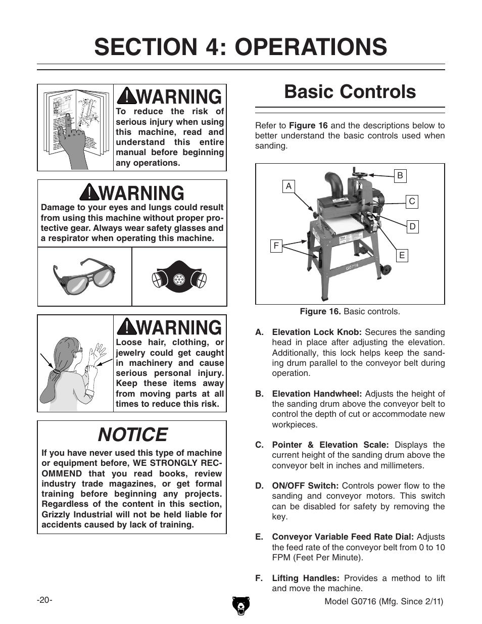 Notice, Basic controls | Grizzly G0716 User Manual | Page 22 / 52