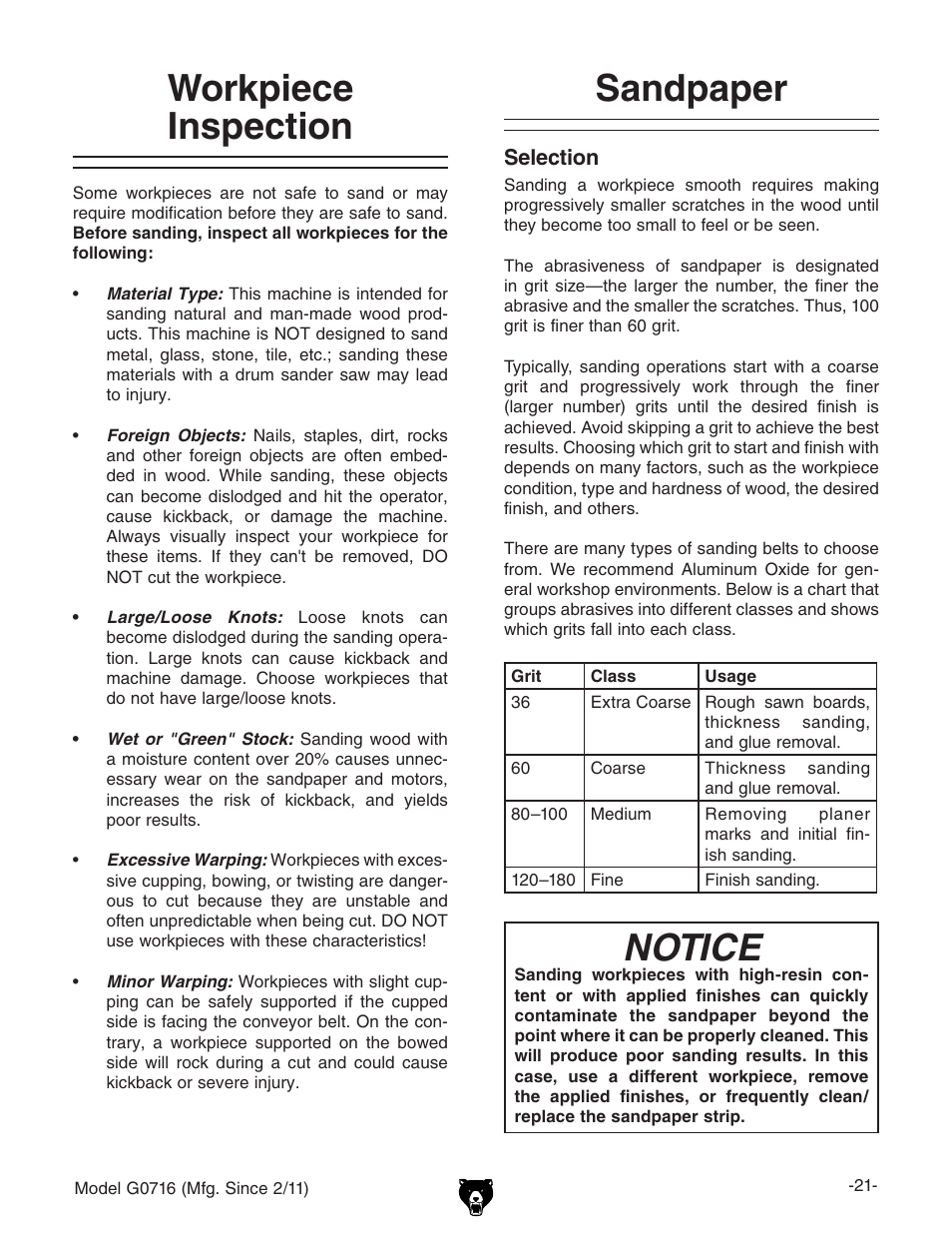 Workpiece inspection, Sandpaper, Notice | Grizzly G0716 User Manual | Page 23 / 52