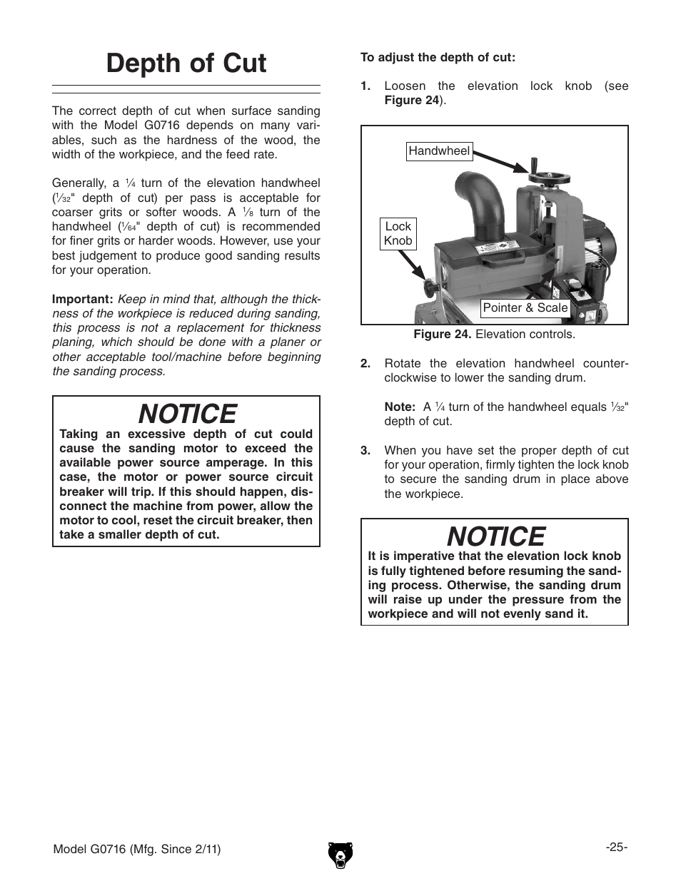 Notice, Depth of cut | Grizzly G0716 User Manual | Page 27 / 52