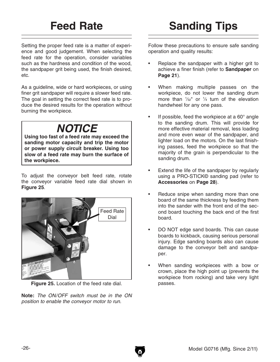 Feed rate, Notice, Sanding tips | Grizzly G0716 User Manual | Page 28 / 52