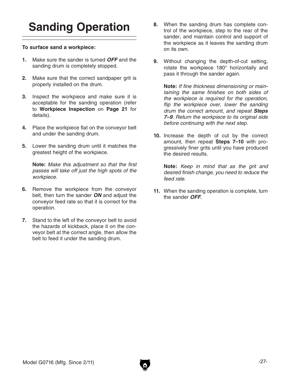 Sanding operation | Grizzly G0716 User Manual | Page 29 / 52