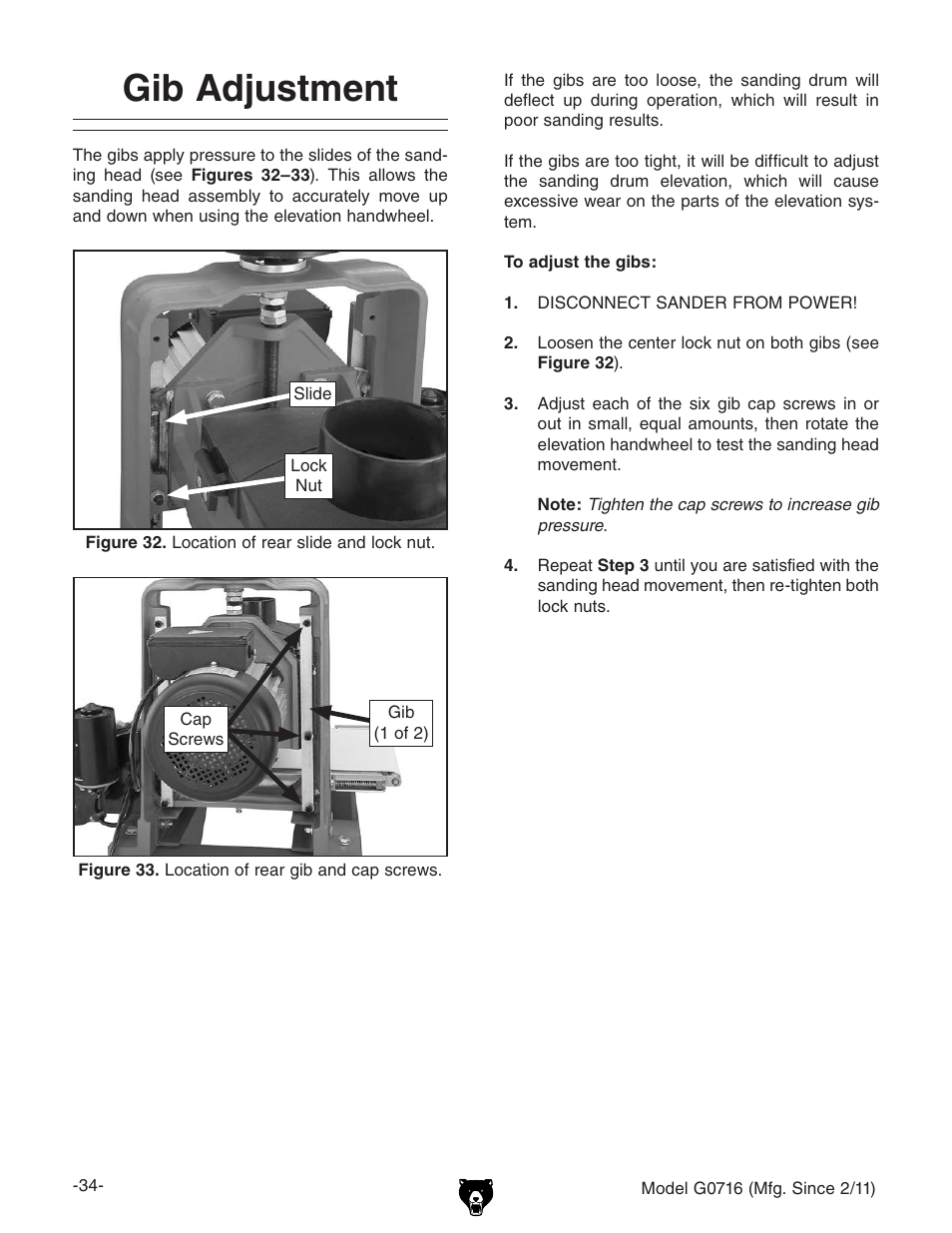 Gib adjustment | Grizzly G0716 User Manual | Page 36 / 52