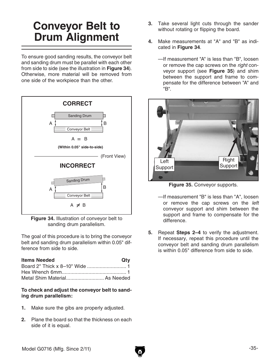Conveyor belt to drum alignment | Grizzly G0716 User Manual | Page 37 / 52