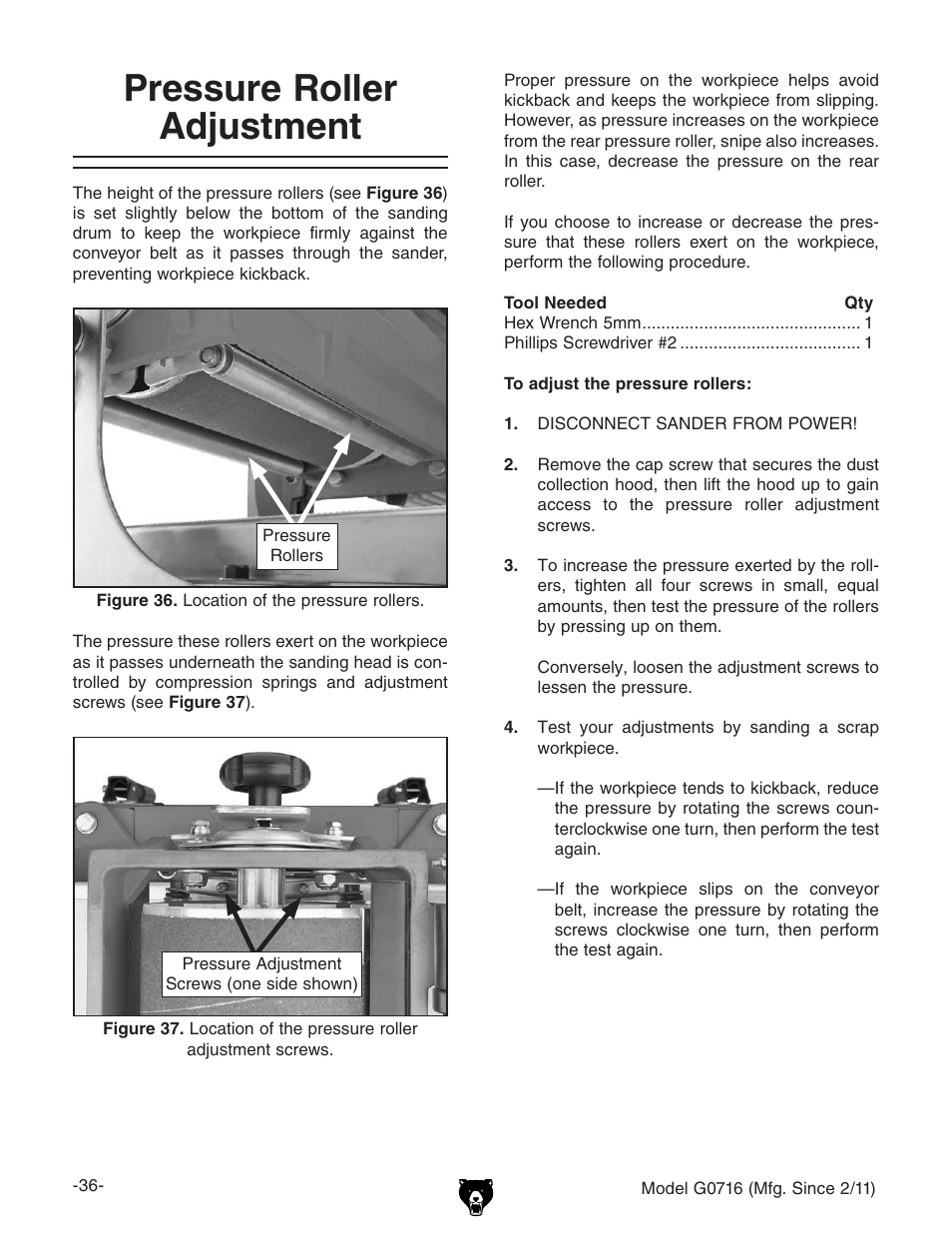 Pressure roller adjustment | Grizzly G0716 User Manual | Page 38 / 52