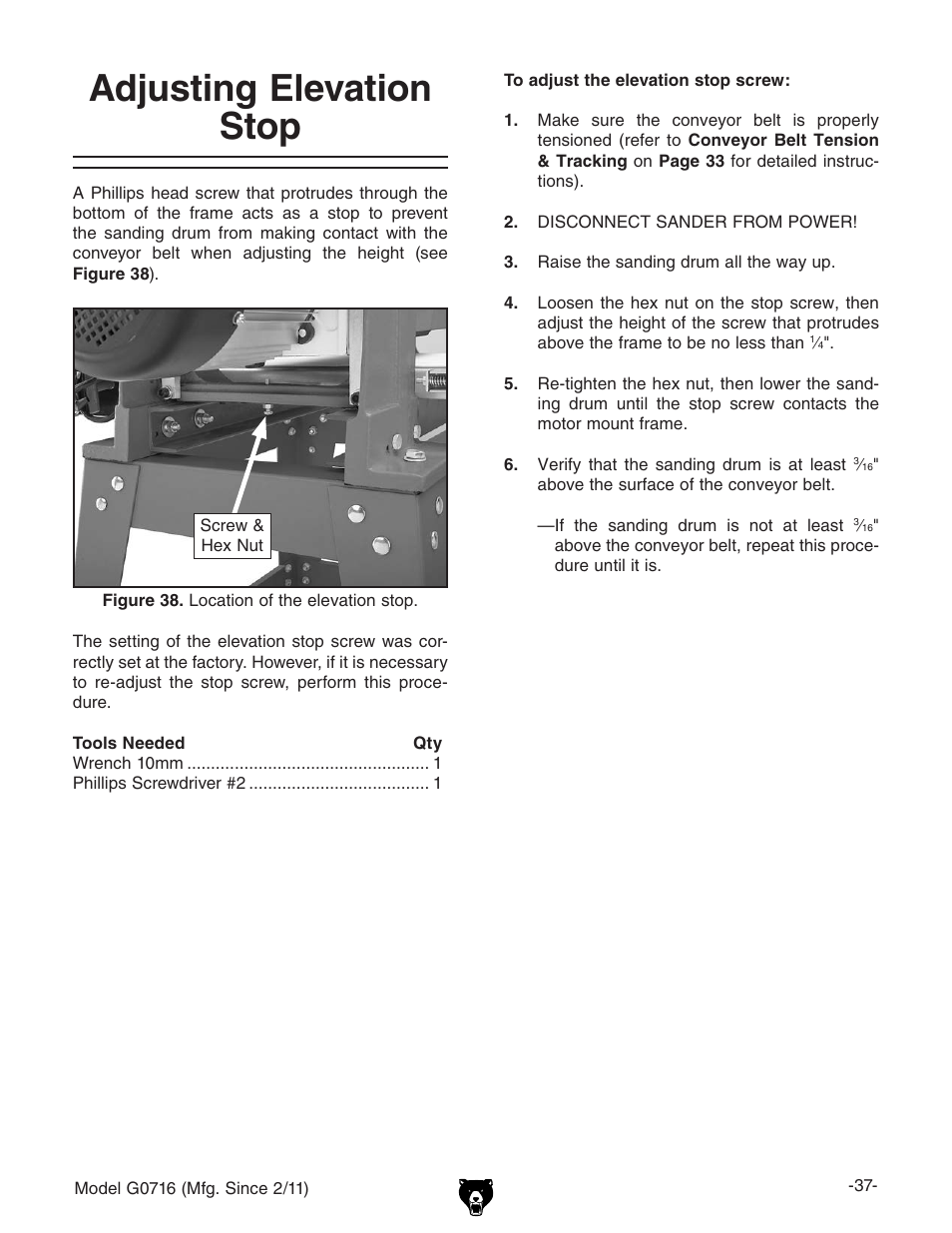 Adjusting elevation stop | Grizzly G0716 User Manual | Page 39 / 52
