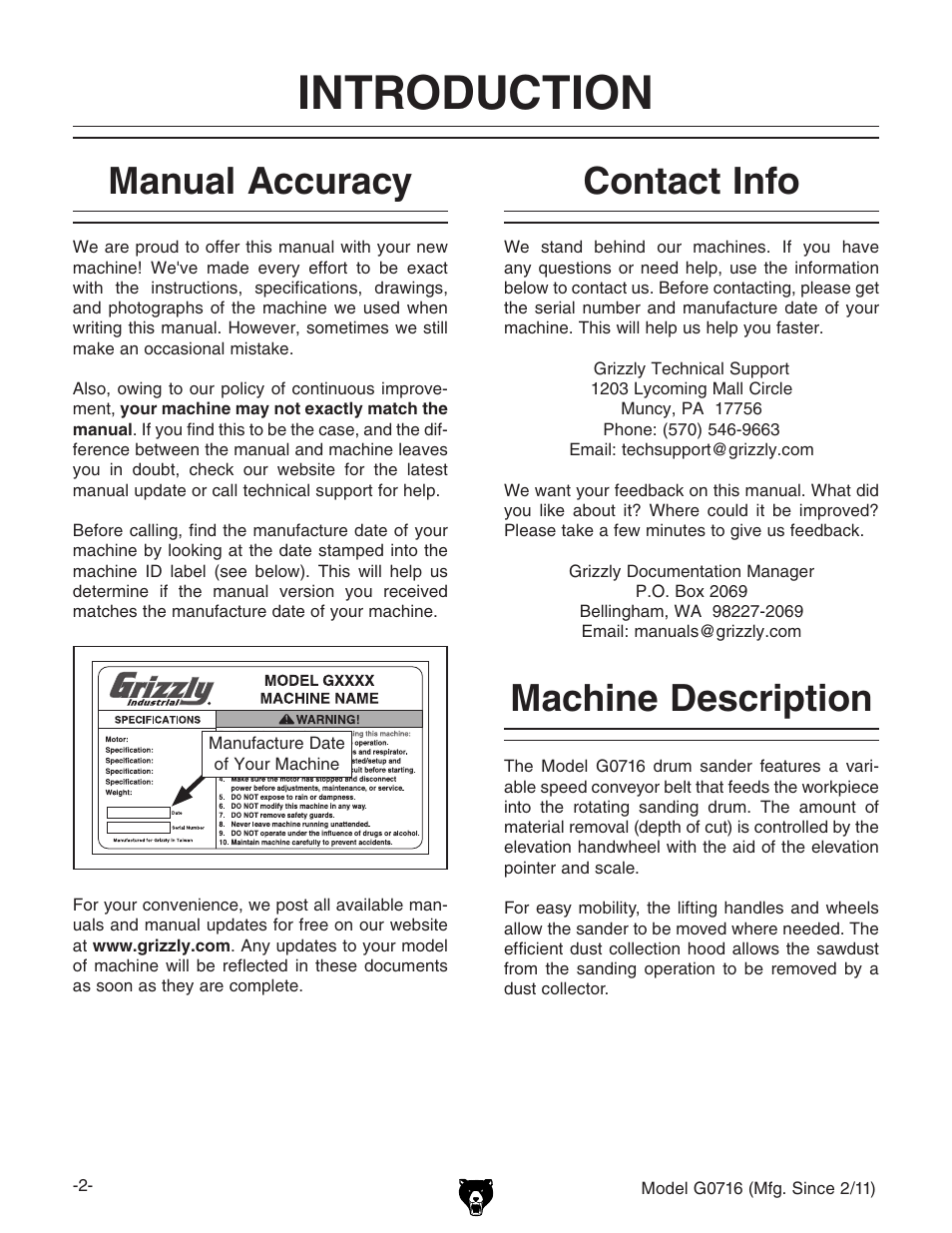 Introduction, Machine description, Contact info | Manual accuracy | Grizzly G0716 User Manual | Page 4 / 52