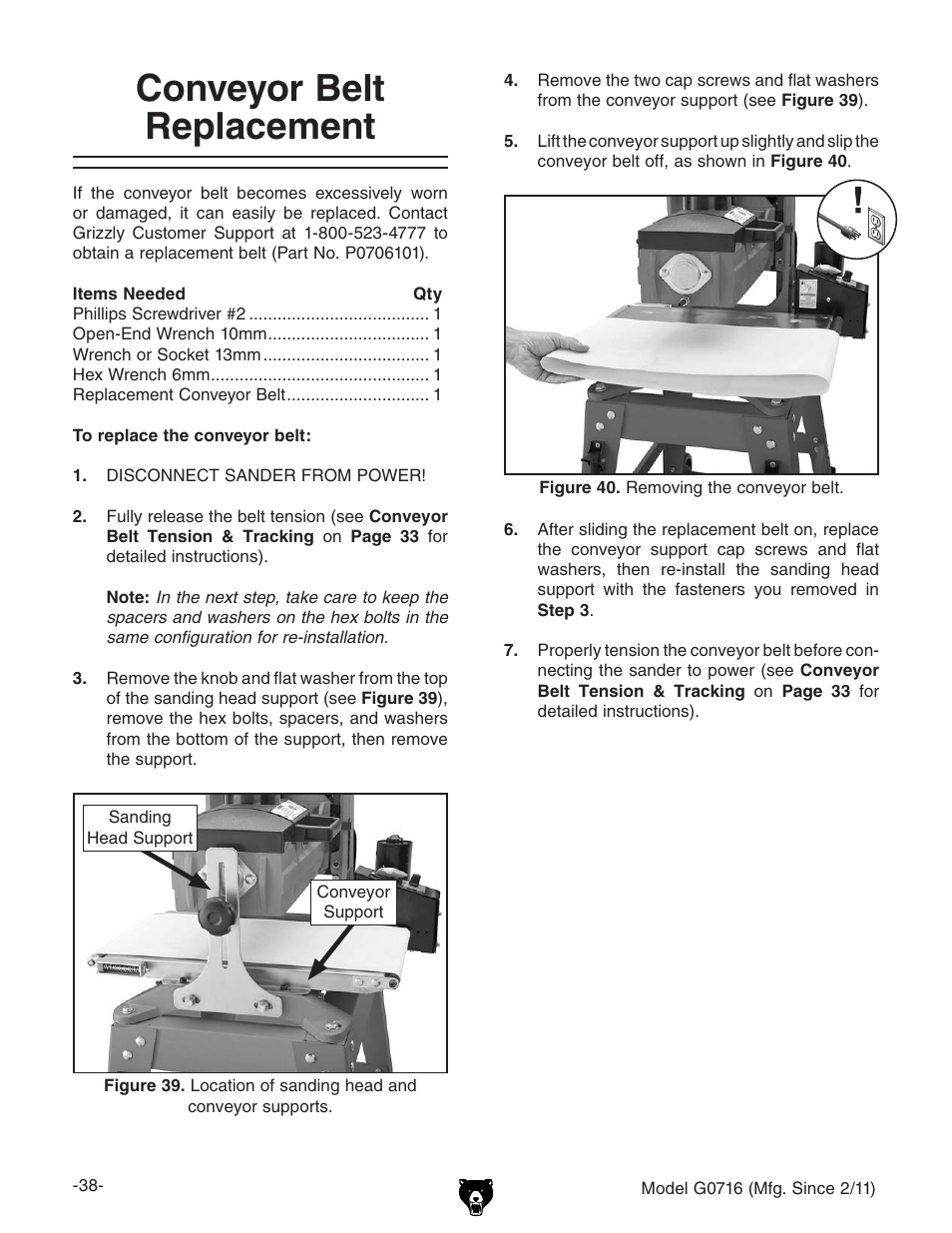 Conveyor belt replacement | Grizzly G0716 User Manual | Page 40 / 52