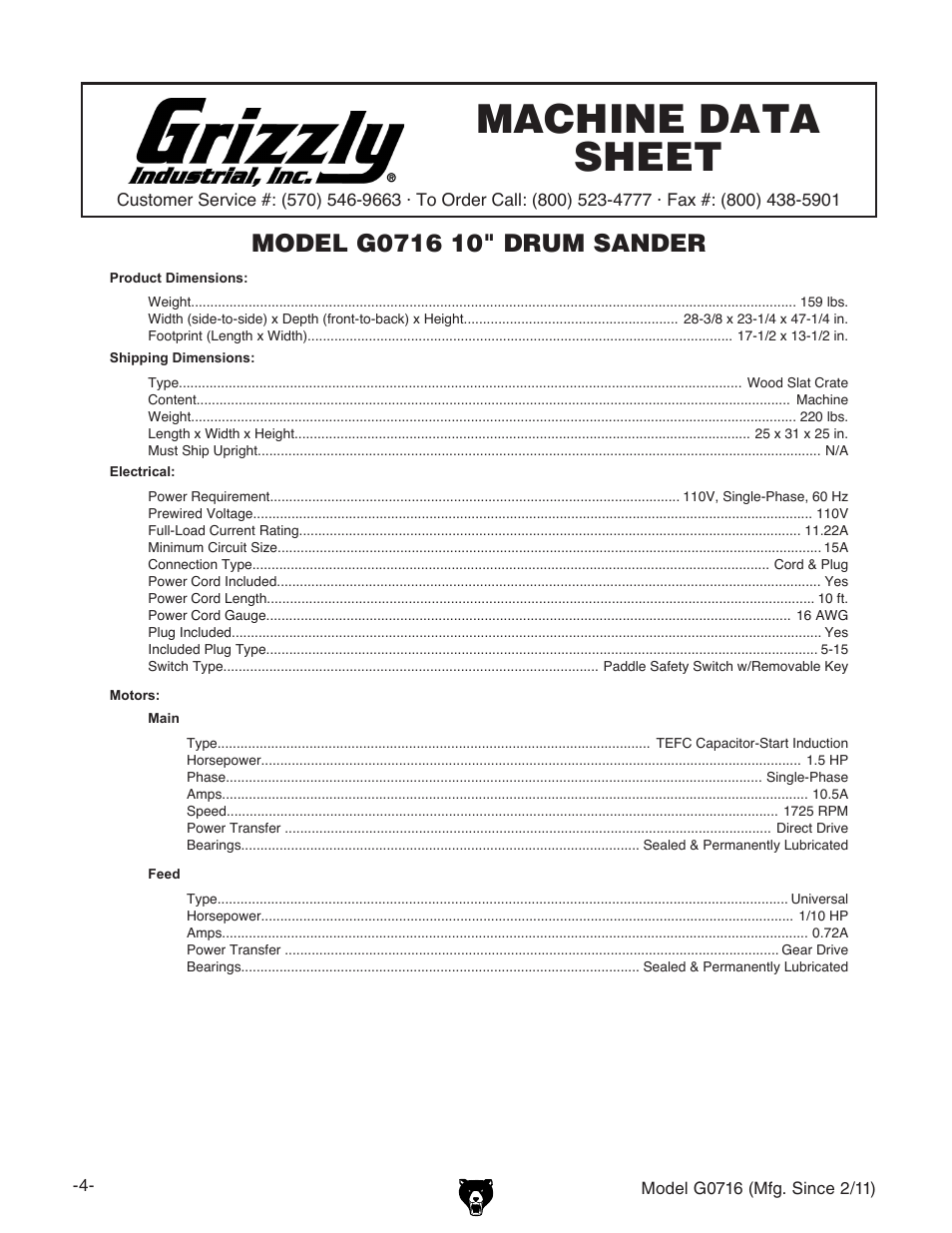 Machine data sheet | Grizzly G0716 User Manual | Page 6 / 52