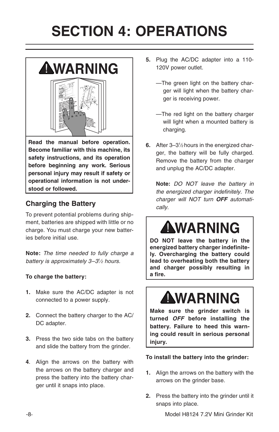 Charging the battery | Grizzly 7.2 Mini Kit H8124 User Manual | Page 10 / 16