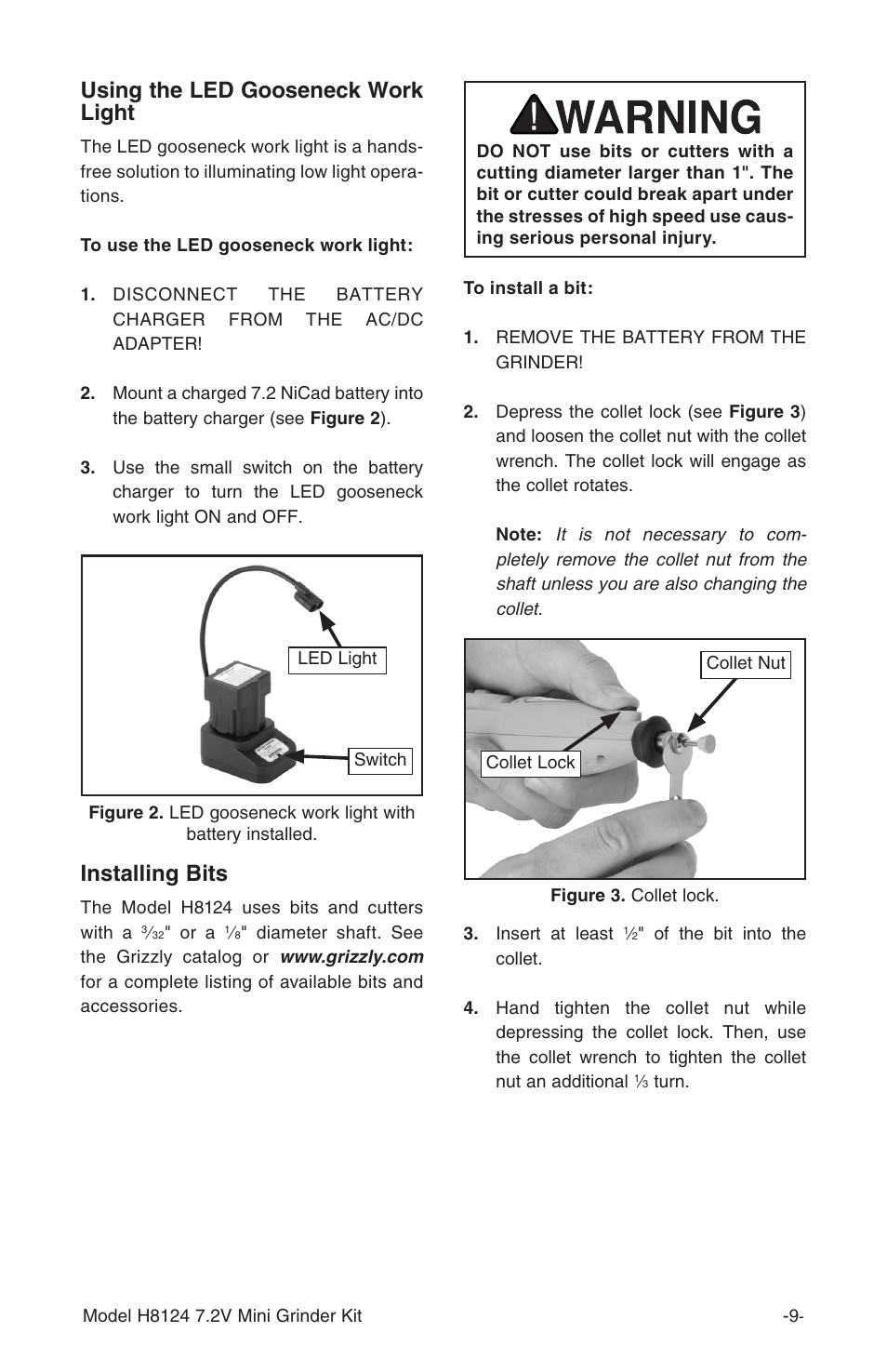 Installing bits, Using the led gooseneck work light | Grizzly 7.2 Mini Kit H8124 User Manual | Page 11 / 16