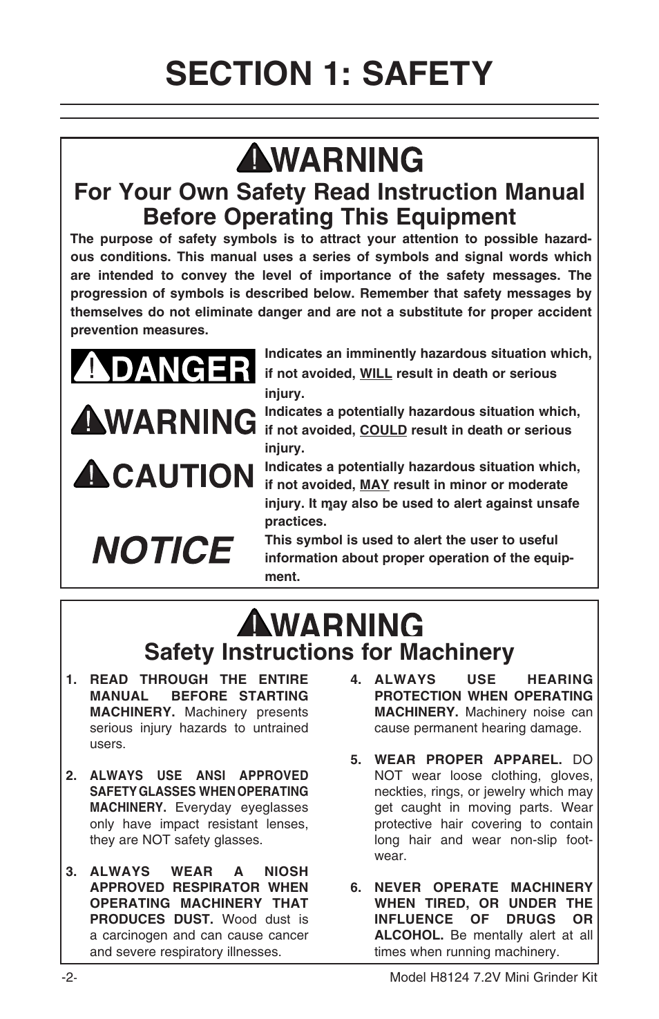 Safety instructions for machinery | Grizzly 7.2 Mini Kit H8124 User Manual | Page 4 / 16