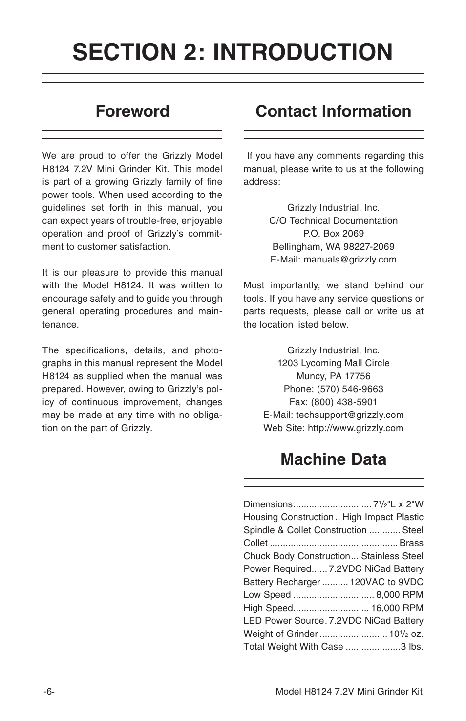 Foreword contact information machine data | Grizzly 7.2 Mini Kit H8124 User Manual | Page 8 / 16