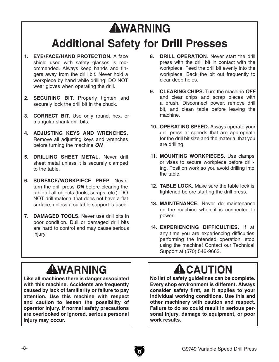 Additional safety for drill presses | Grizzly G9749 User Manual | Page 10 / 44