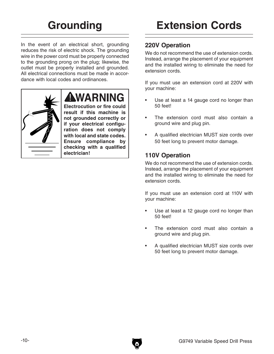 Extension cords grounding | Grizzly G9749 User Manual | Page 12 / 44