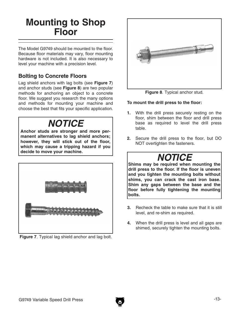 Mounting to shop floor, Notice | Grizzly G9749 User Manual | Page 15 / 44