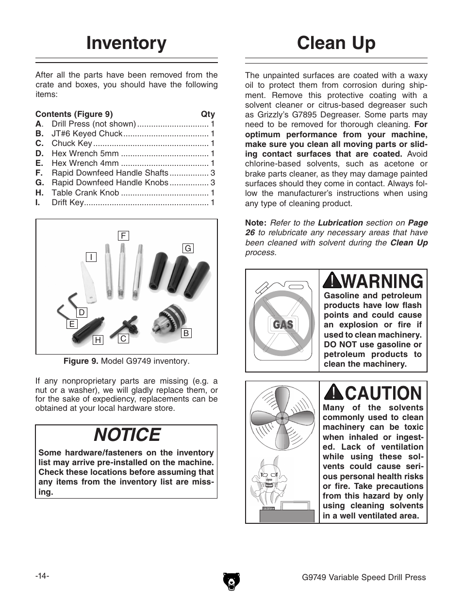 Inventory, Notice, Clean up | Grizzly G9749 User Manual | Page 16 / 44