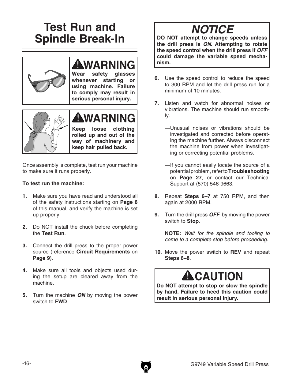 Test run and spindle break-in, Notice | Grizzly G9749 User Manual | Page 18 / 44