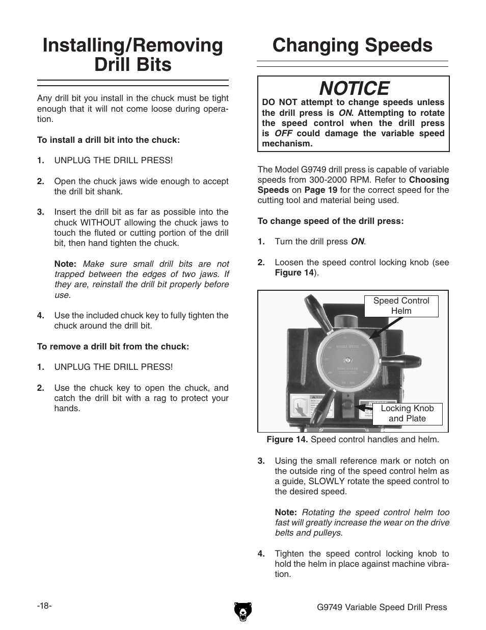 Installing/removing drill bits, Changing speeds, Notice | Grizzly G9749 User Manual | Page 20 / 44