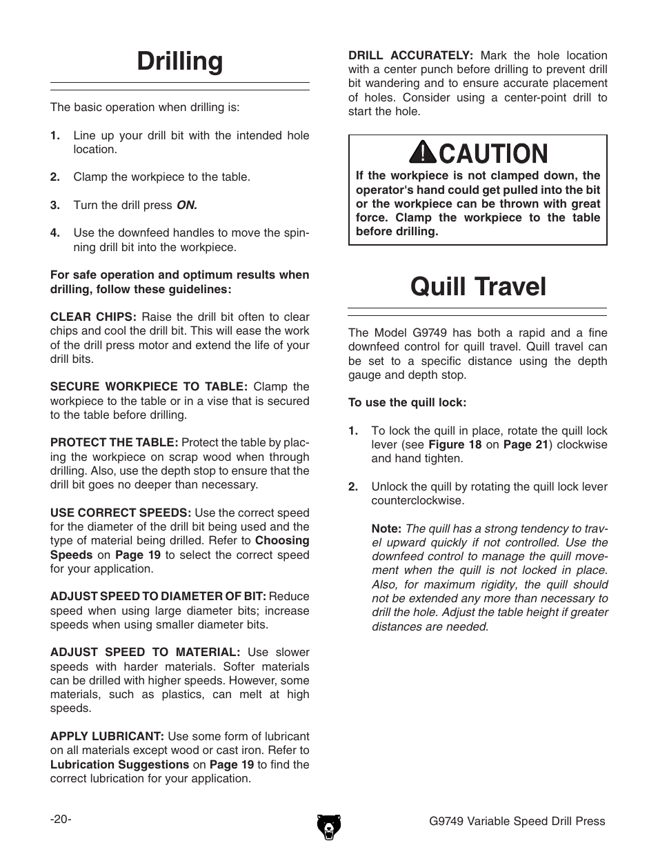 Drilling, Quill travel | Grizzly G9749 User Manual | Page 22 / 44