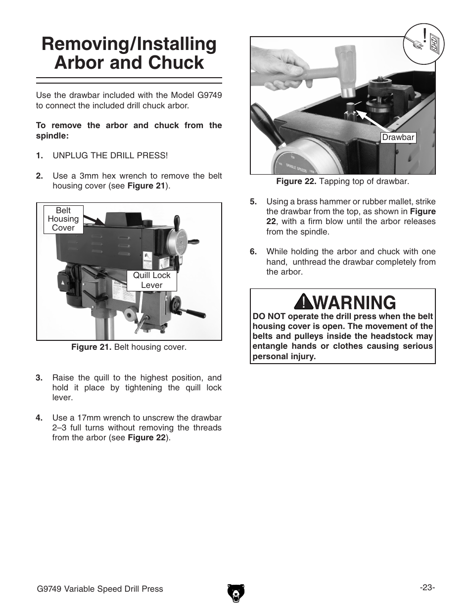 Removing/installing arbor and chuck | Grizzly G9749 User Manual | Page 25 / 44