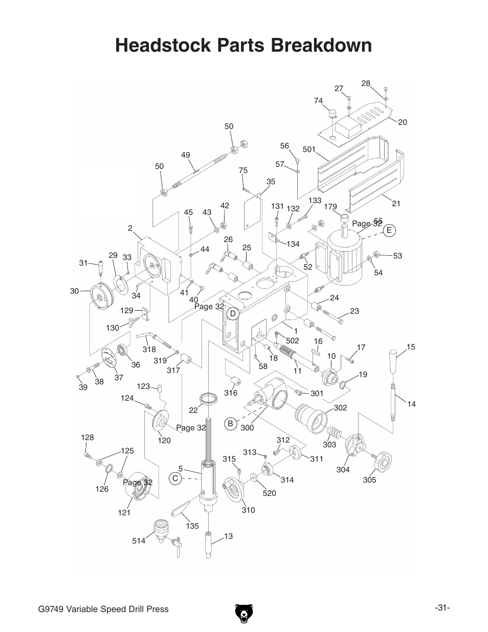 Headstock parts breakdown | Grizzly G9749 User Manual | Page 33 / 44