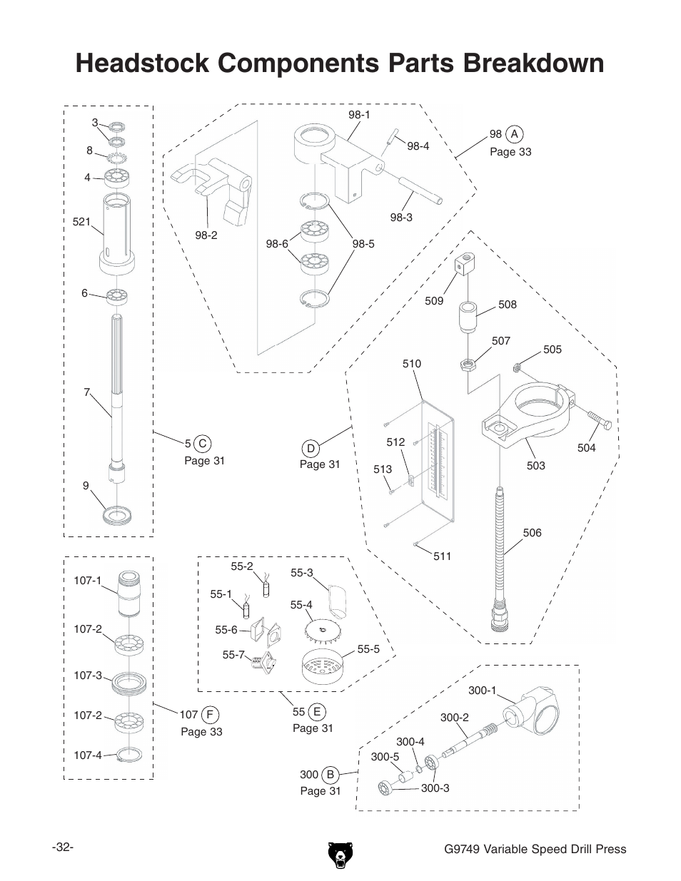 Headstock components parts breakdown | Grizzly G9749 User Manual | Page 34 / 44