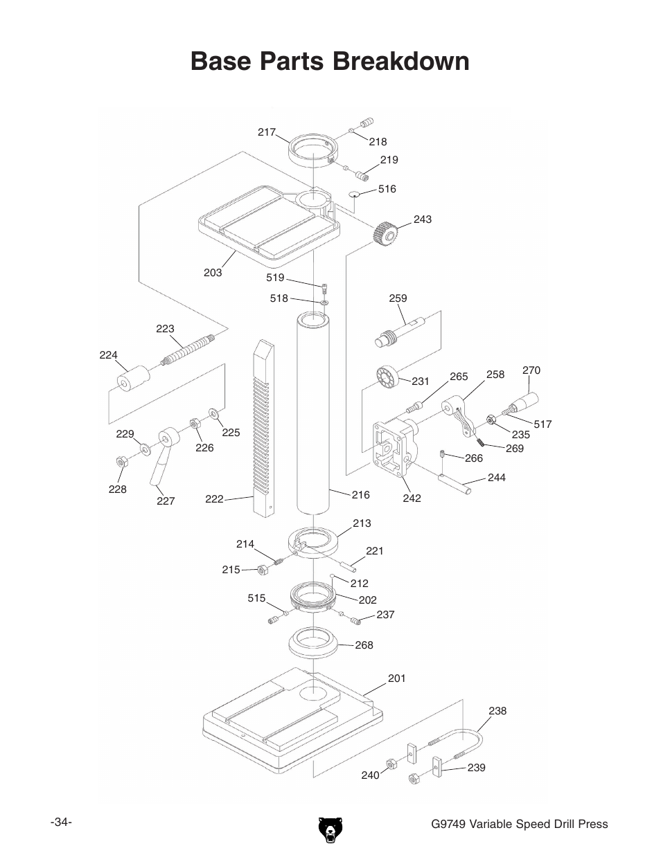 Base parts breakdown | Grizzly G9749 User Manual | Page 36 / 44