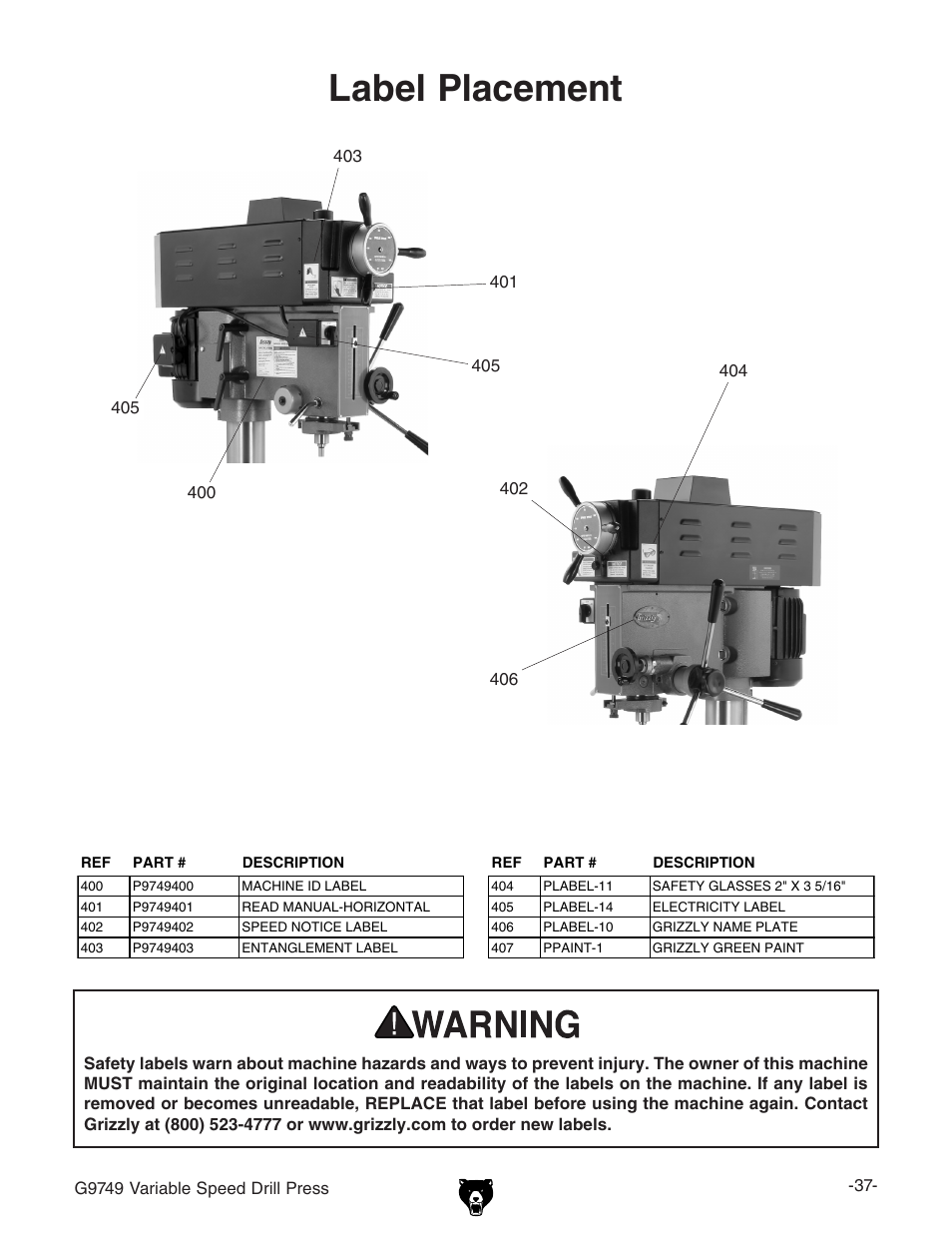 Label placement | Grizzly G9749 User Manual | Page 39 / 44