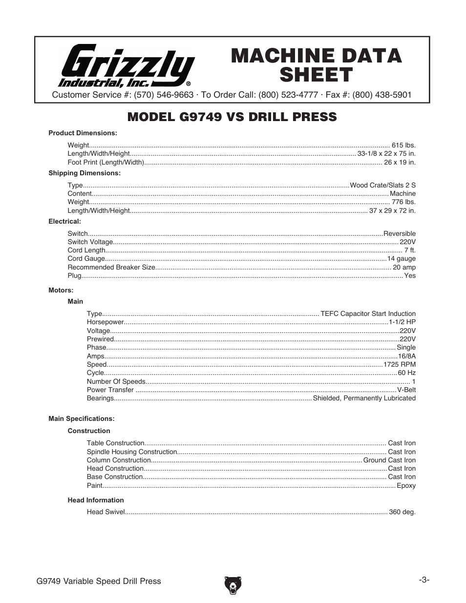 Machine data sheet, Model g9749 vs drill press | Grizzly G9749 User Manual | Page 5 / 44