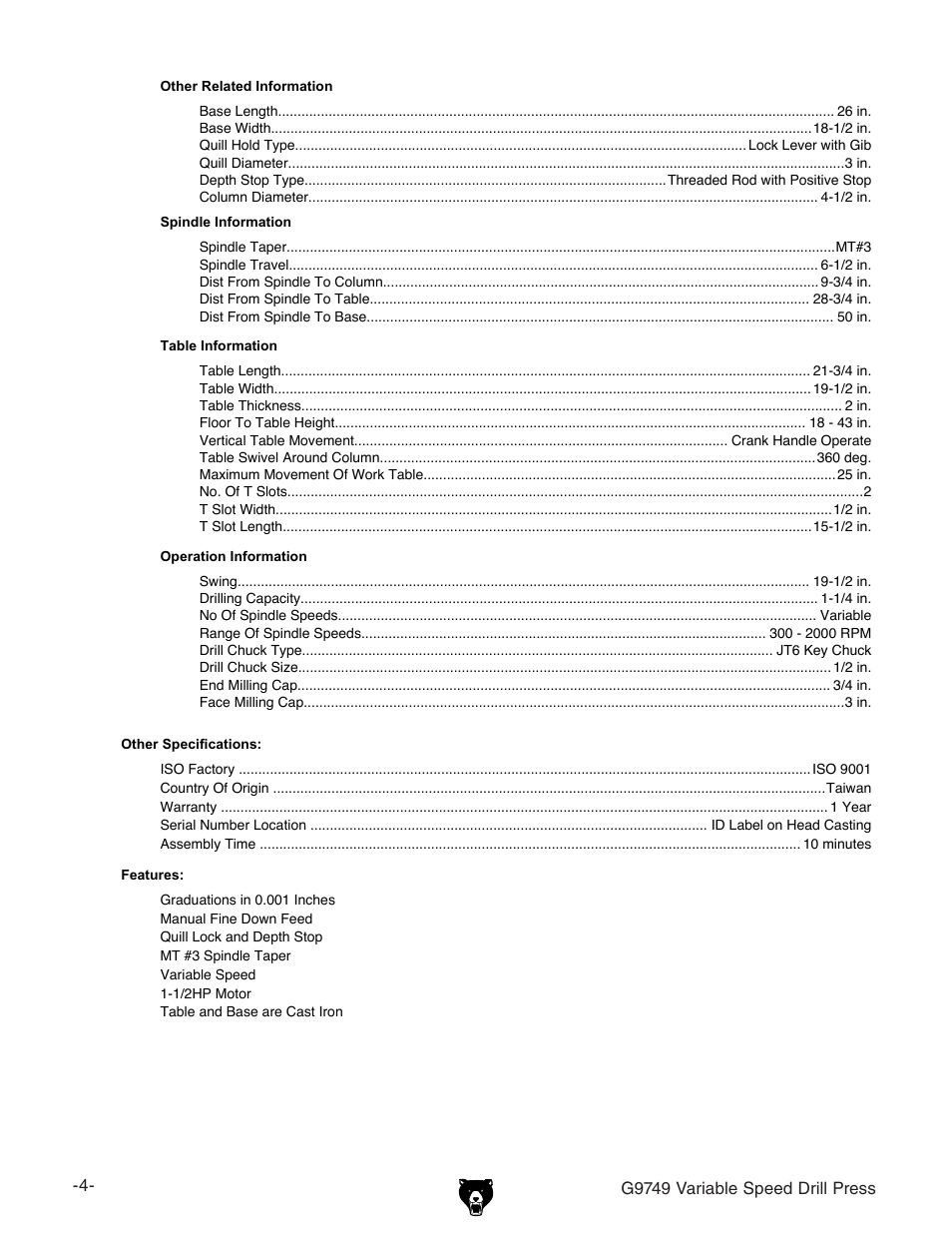 Grizzly G9749 User Manual | Page 6 / 44