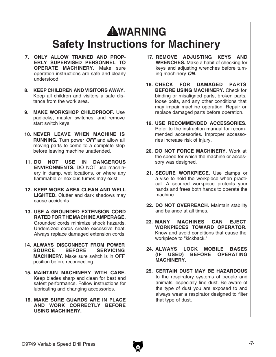 Safety instructions for machinery | Grizzly G9749 User Manual | Page 9 / 44