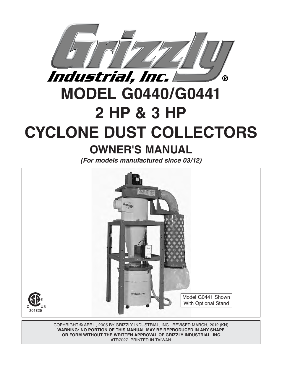 Grizzly Cyclone s G0440 User Manual | 56 pages