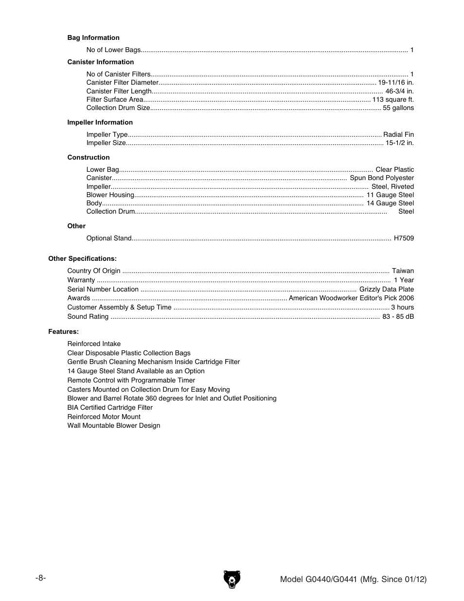 Grizzly Cyclone s G0440 User Manual | Page 10 / 56