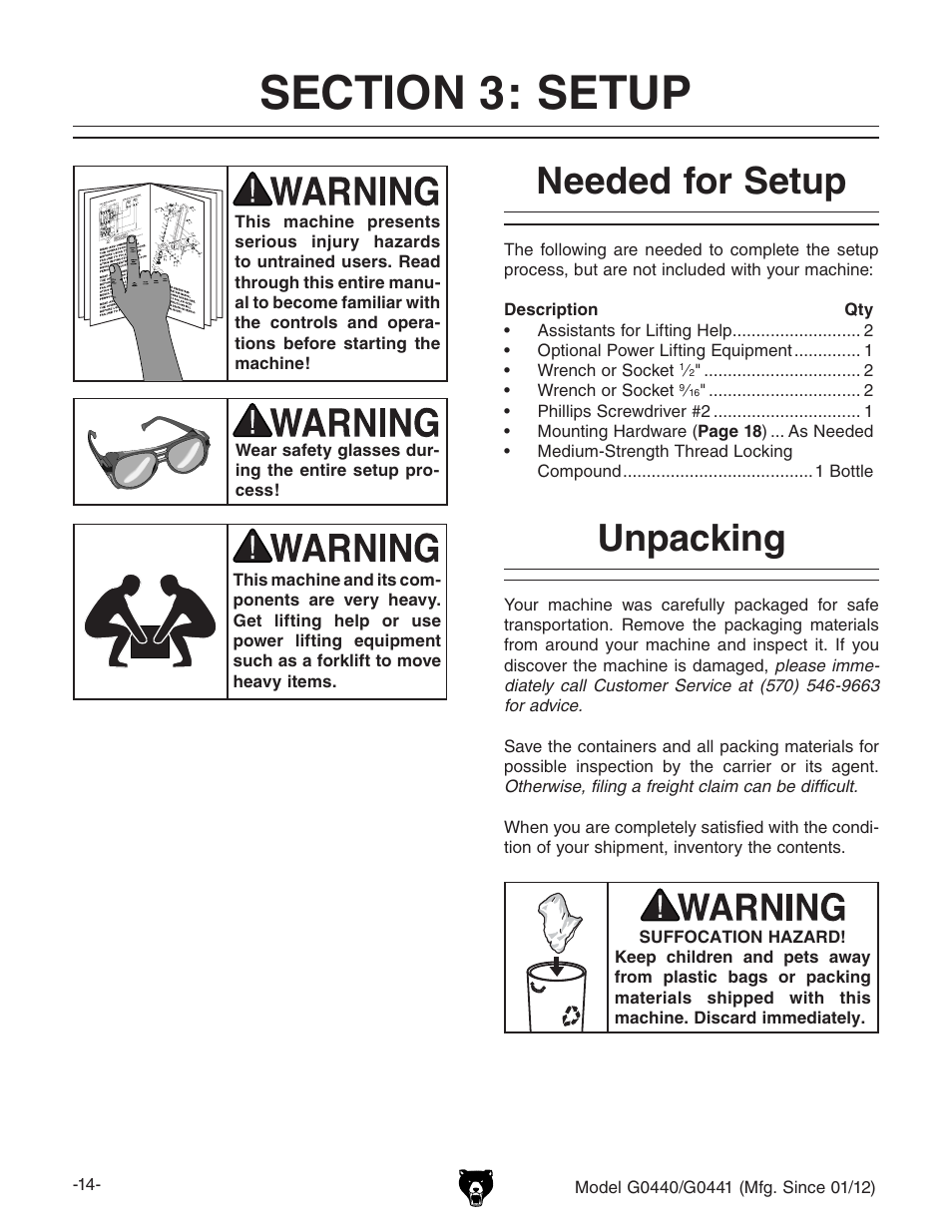 Needed for setup, Unpacking | Grizzly Cyclone s G0440 User Manual | Page 16 / 56