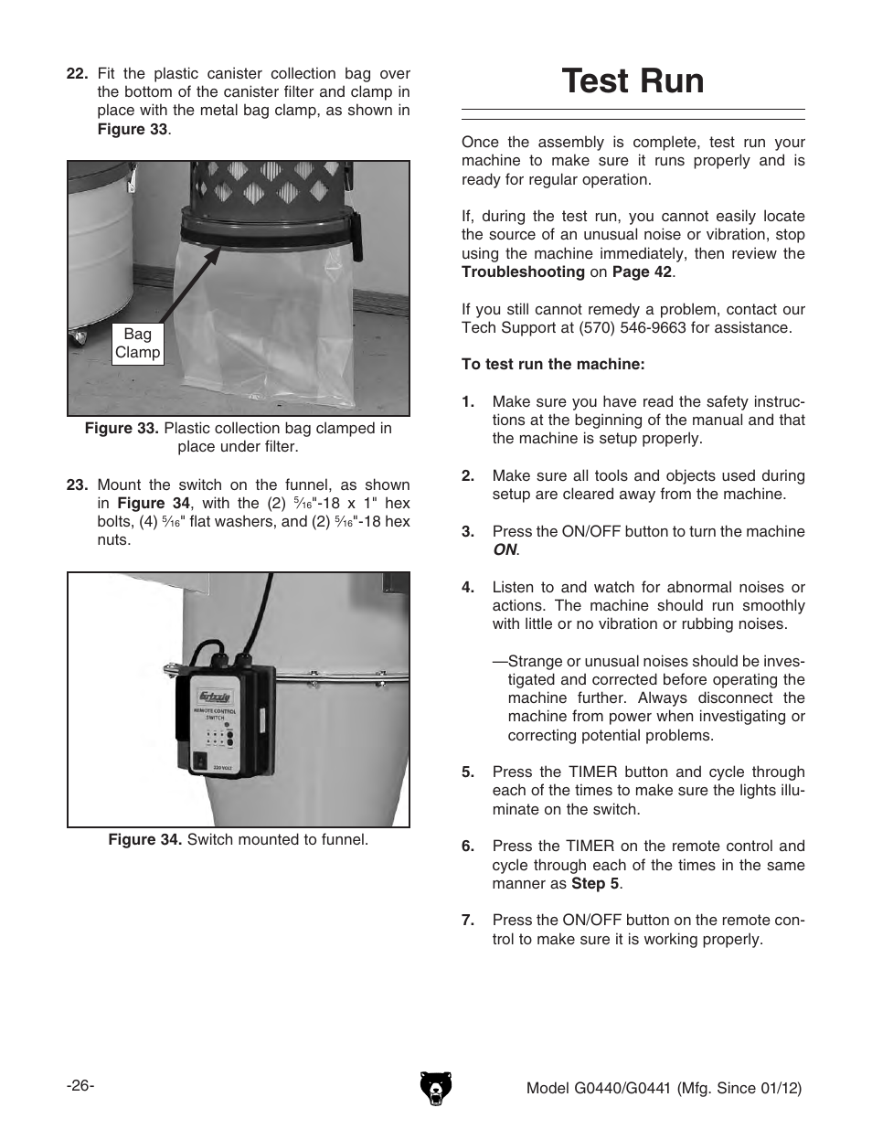 Test run | Grizzly Cyclone s G0440 User Manual | Page 28 / 56